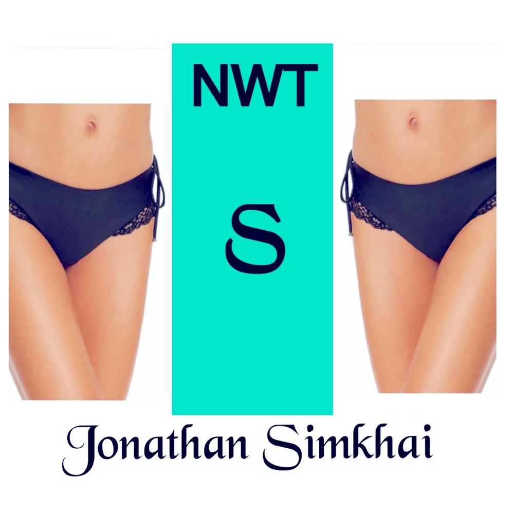 NWT (S) Jonathan Simkhai black luxury ruched lace swim tanga bottom side ties